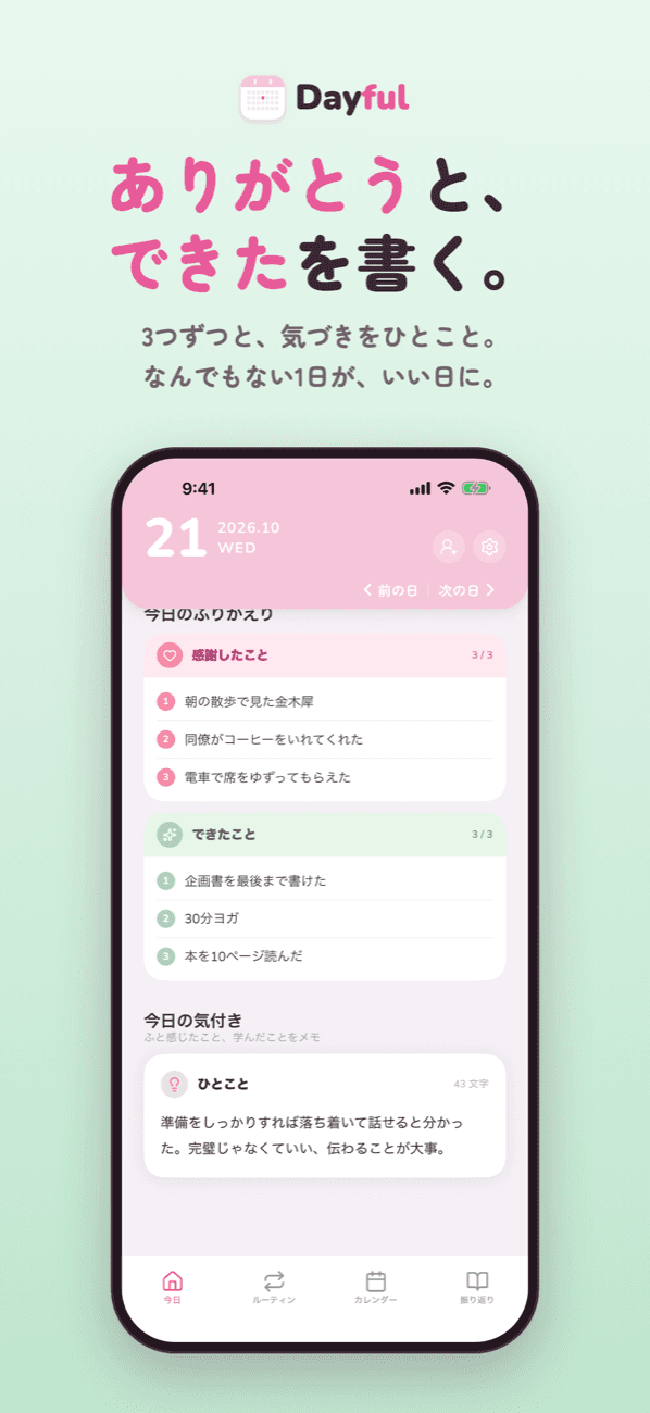 ありがとうと、できたを書く。3つずつと、気づきをひとこと。