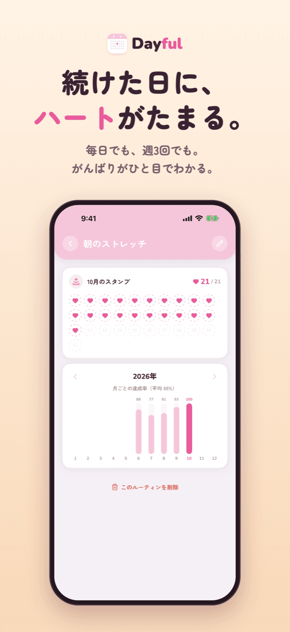 続けた日に、ハートがたまる。毎日でも、週3回でも。